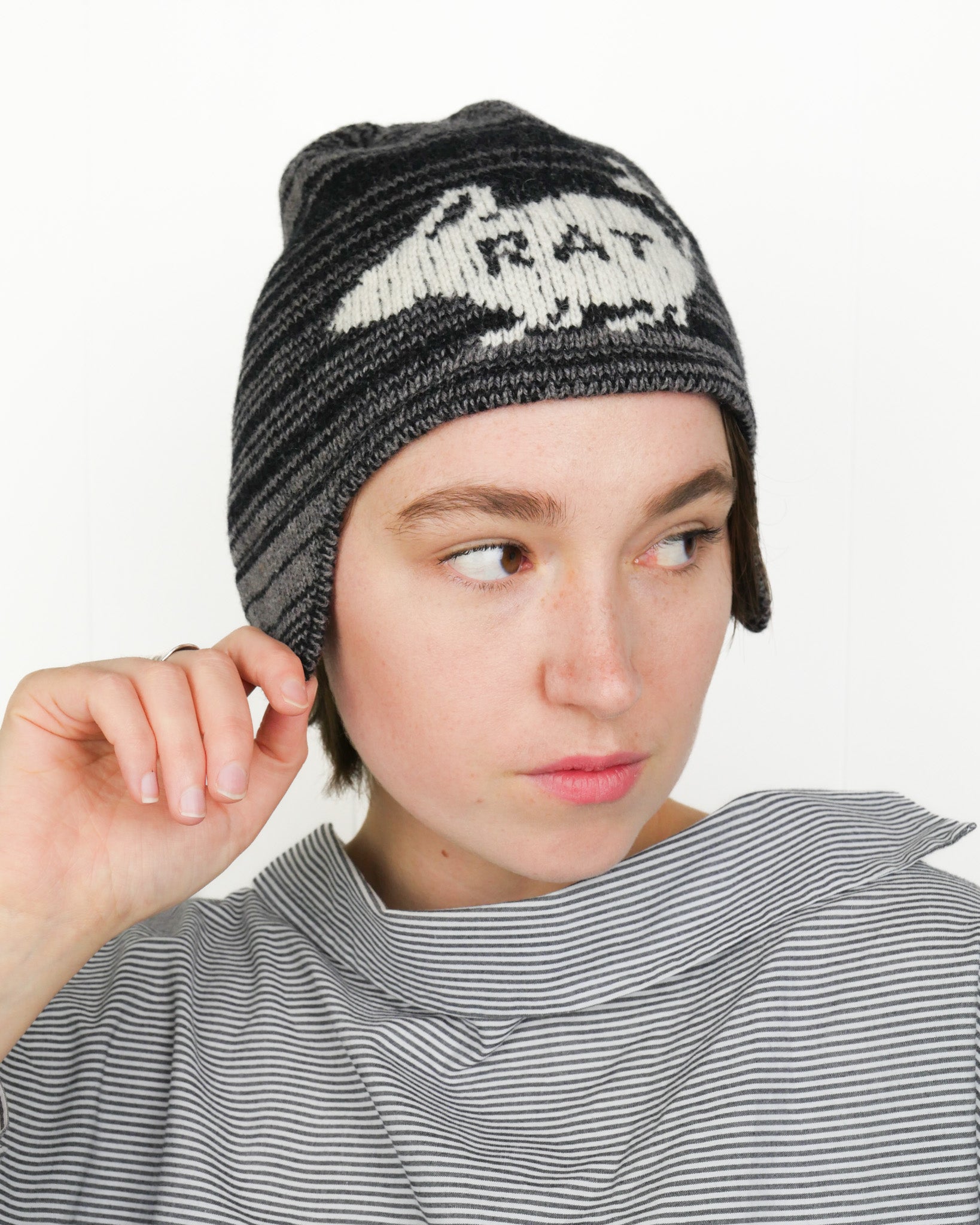 Rat Ear Flap Beanie - Black + Grey