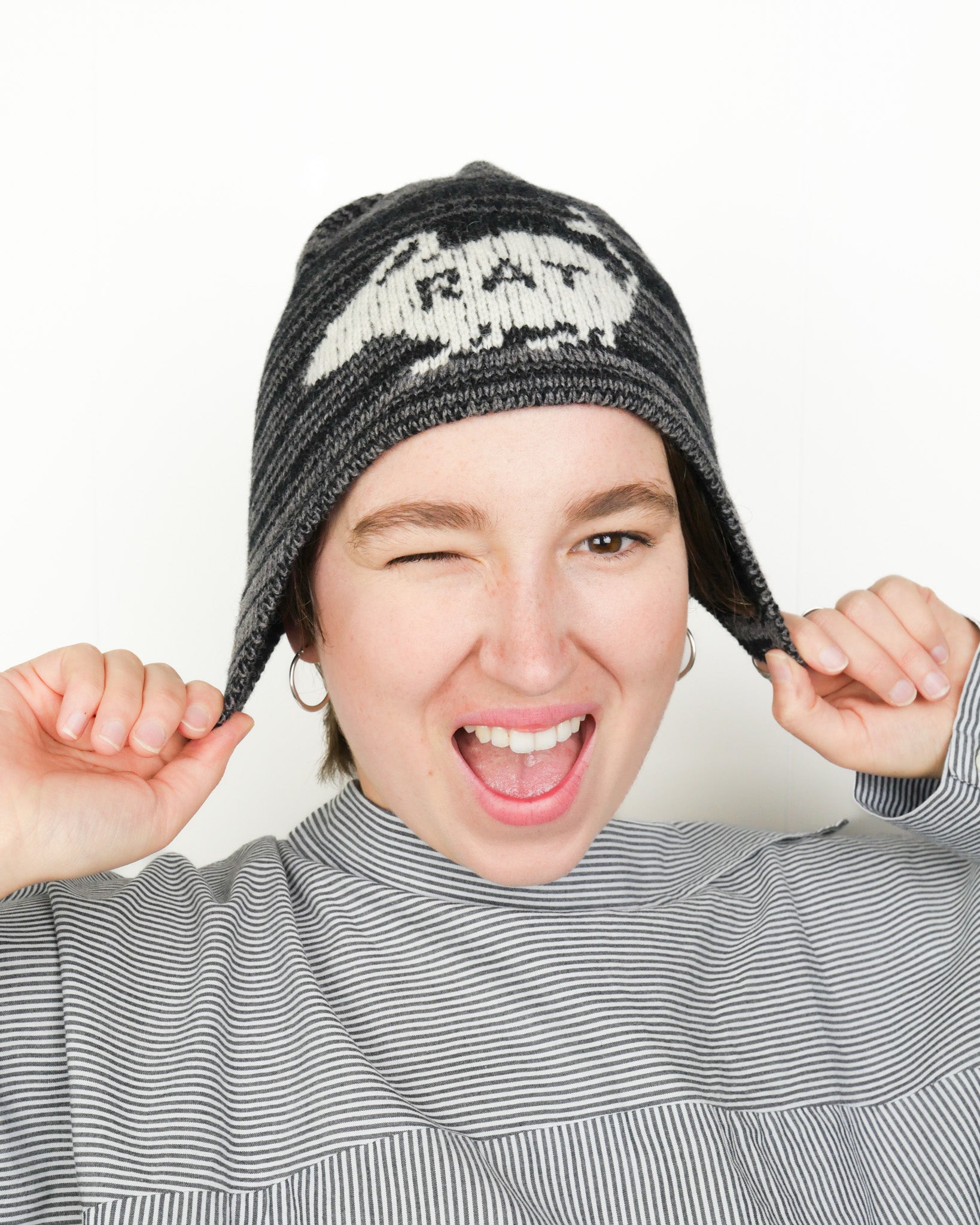 Rat Ear Flap Beanie - Black + Grey