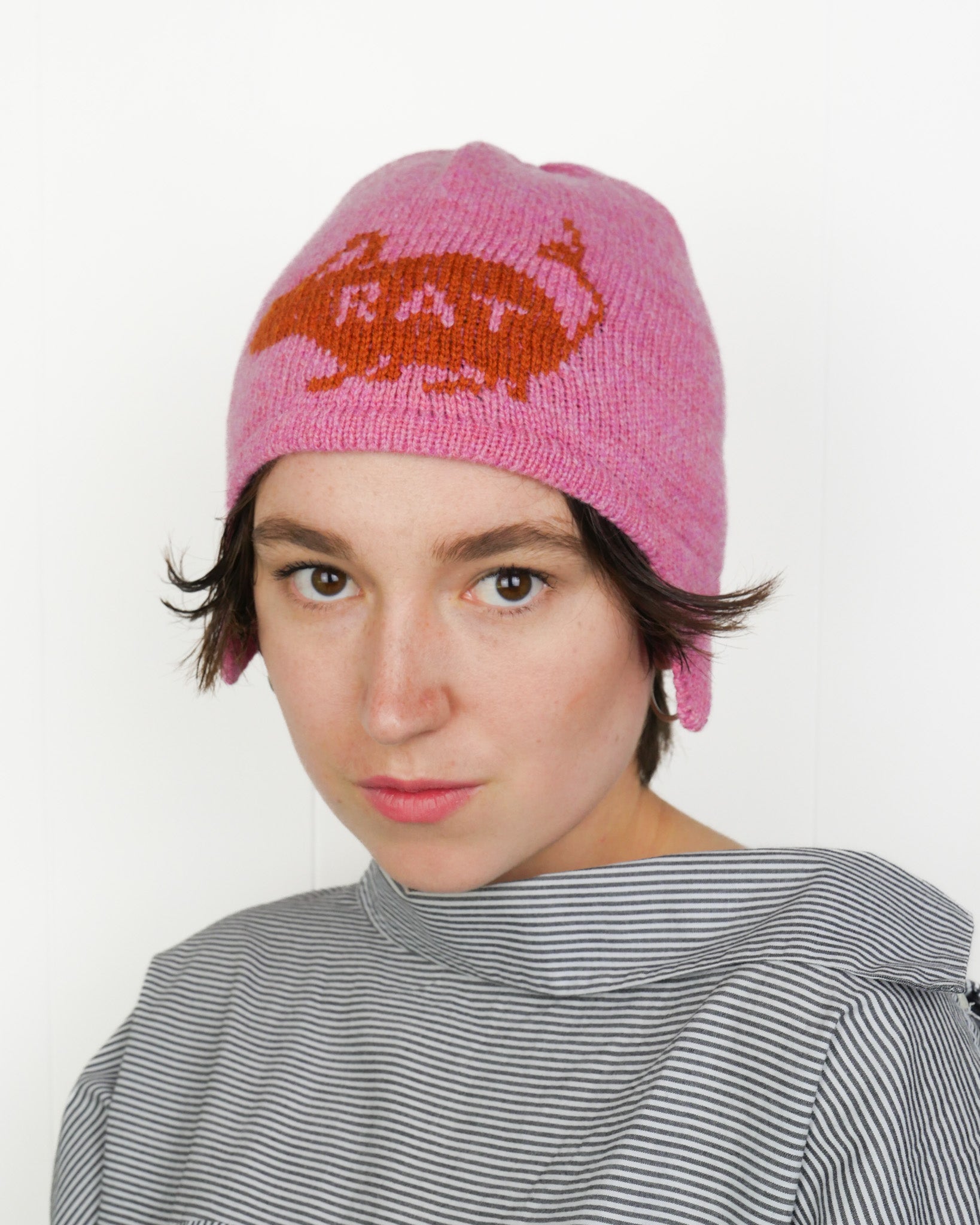 Rat Ear Flap Beanie - Pink + Orange