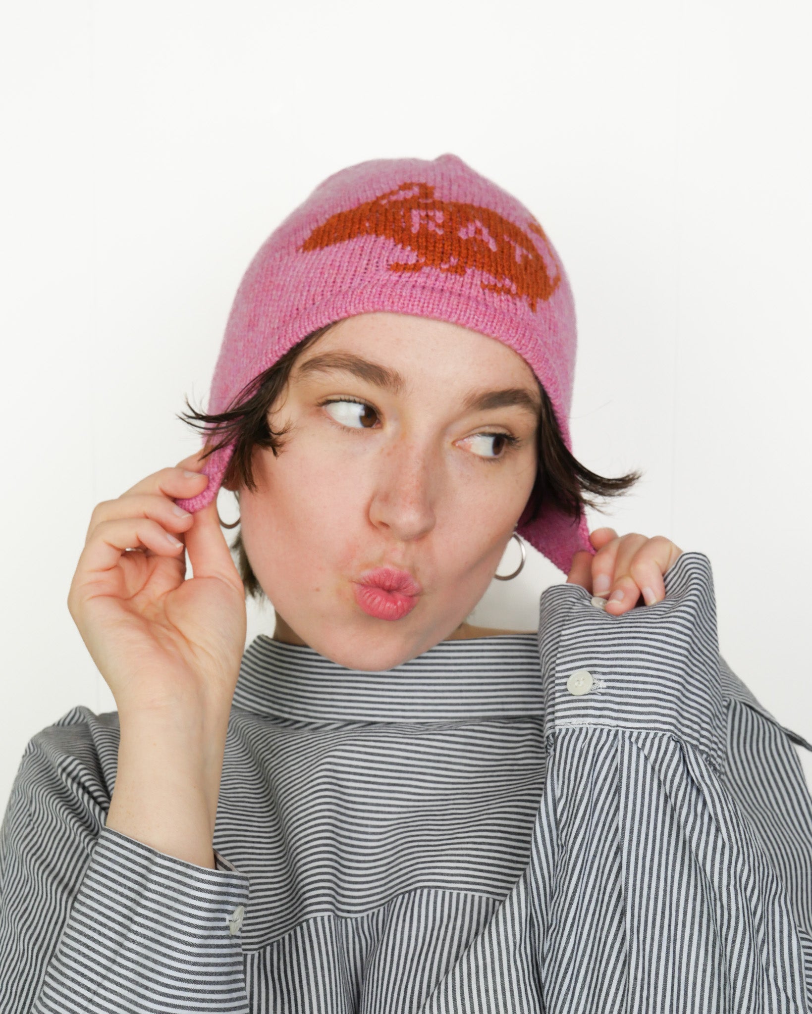 Rat Ear Flap Beanie - Pink + Orange
