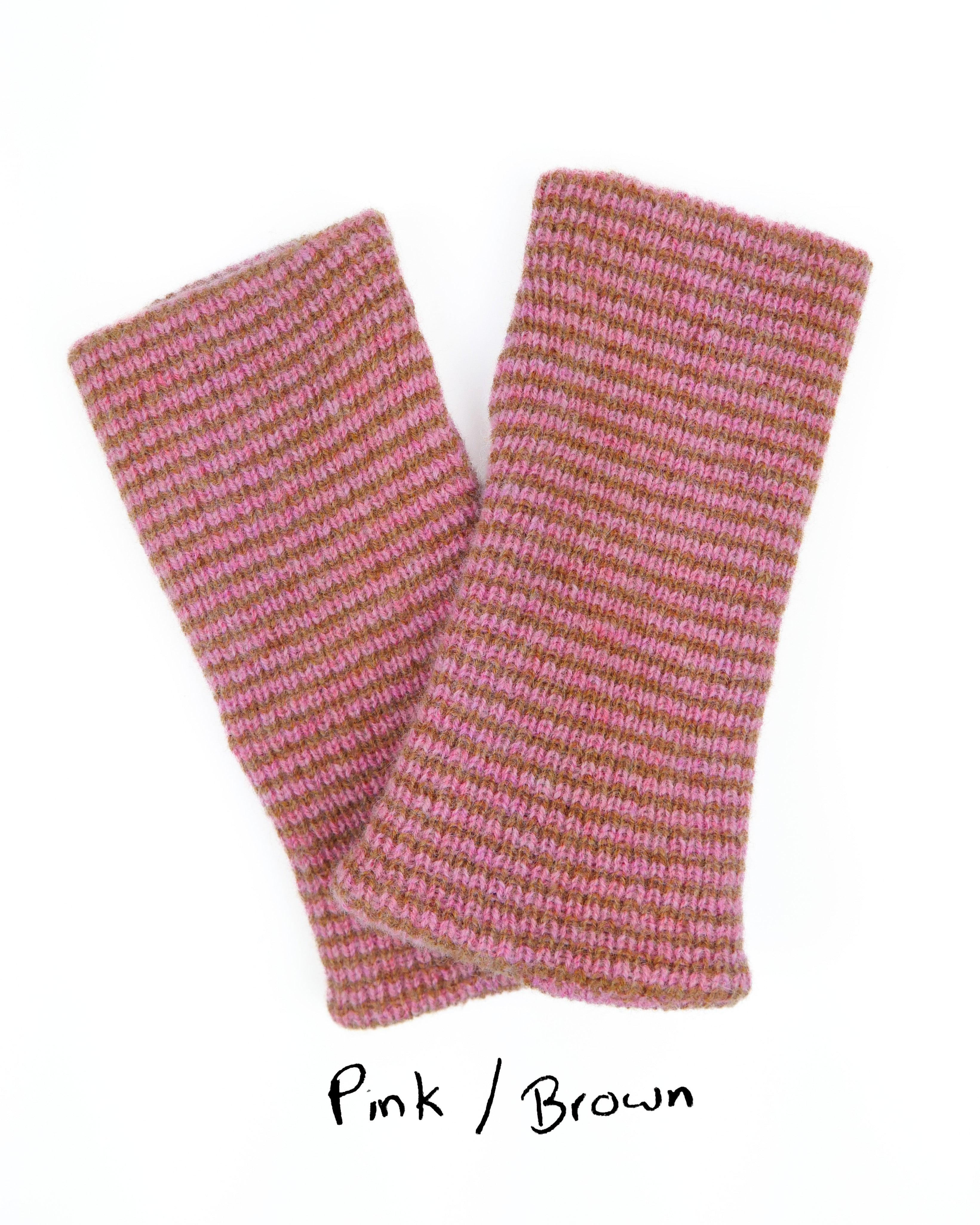 Pair of pink and brown striped fingerless gloves on a white background