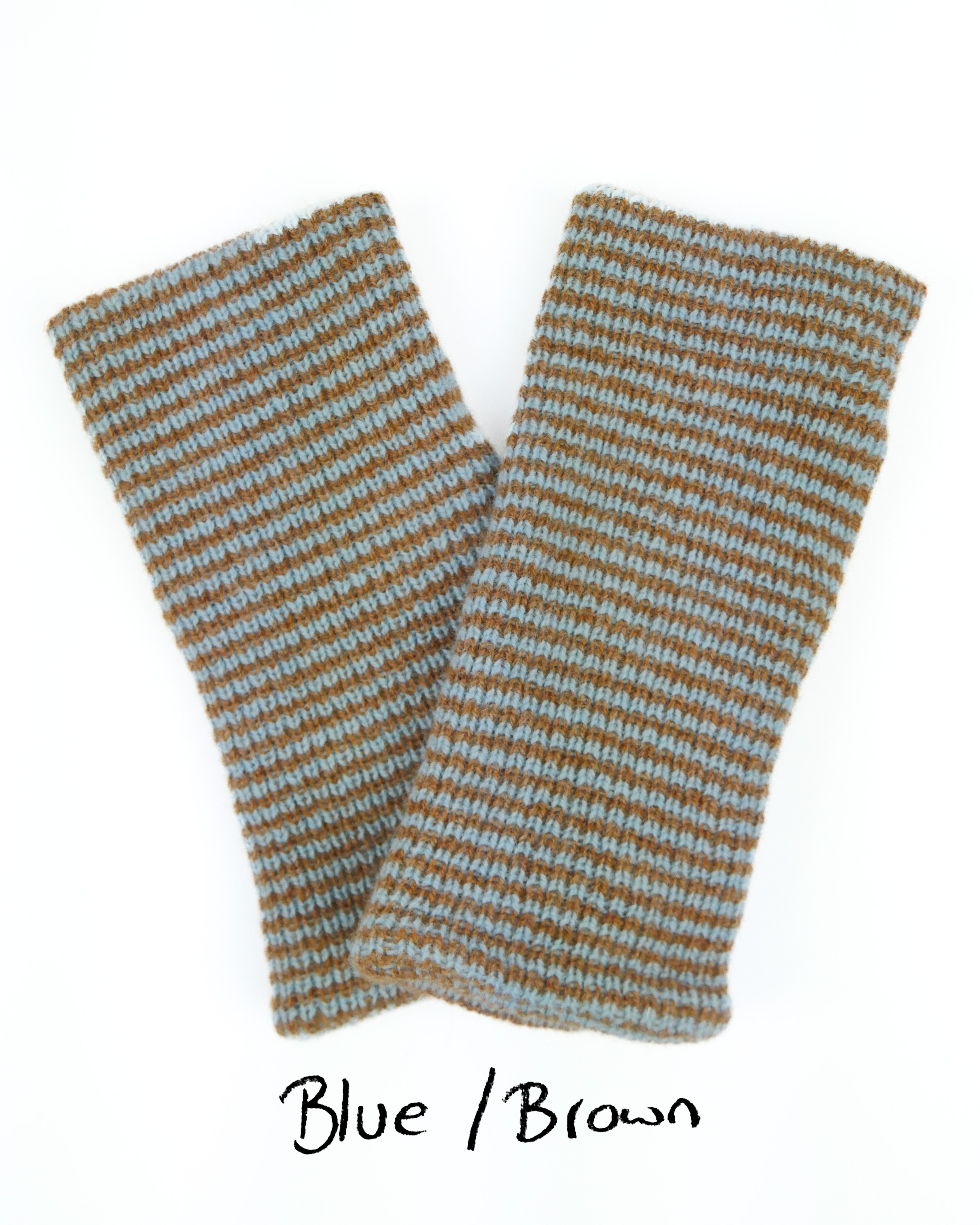 Pair of blue and brown striped fingerless gloves on a white background