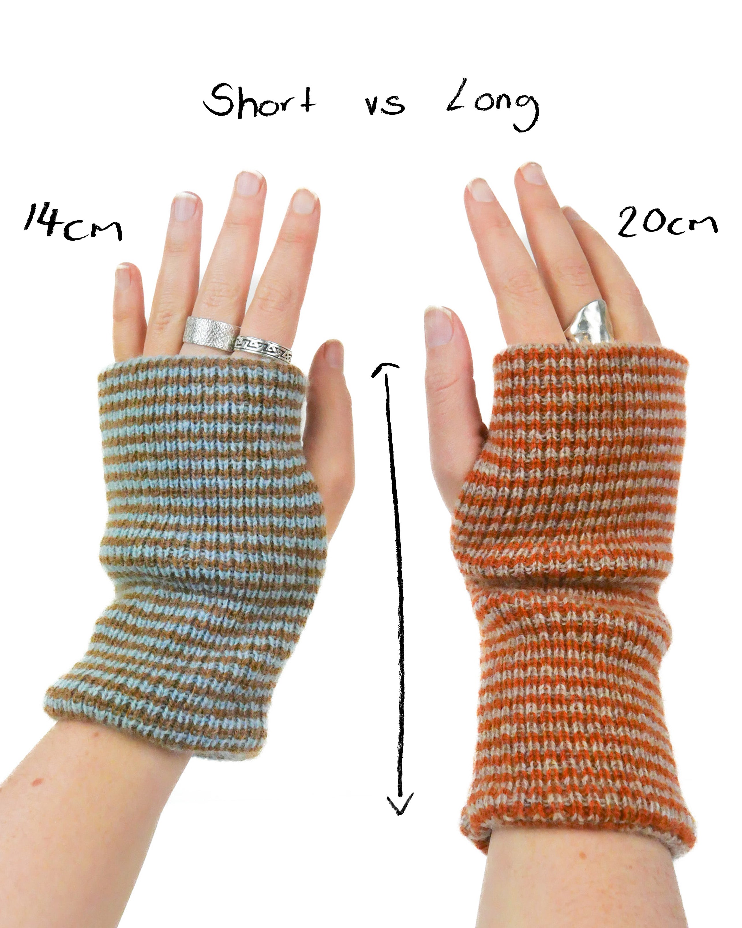 Two striped wrist warmers being worn in front of a white background with size differences and measurements shown.