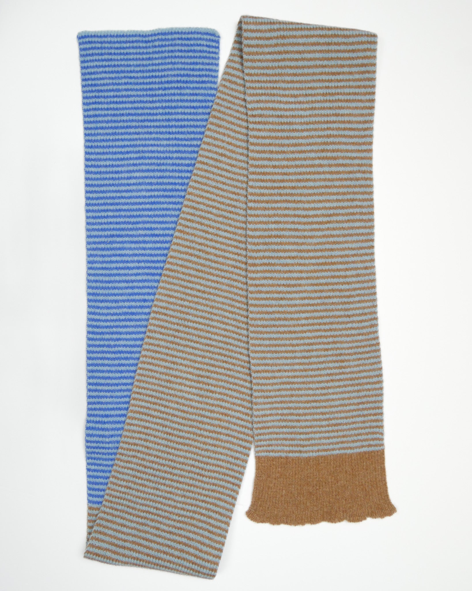 A blue and brown striped scarf on a white backgound