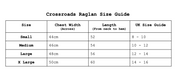 Crossroads Raglan size guide table with chest width, length, and UK size ranges.