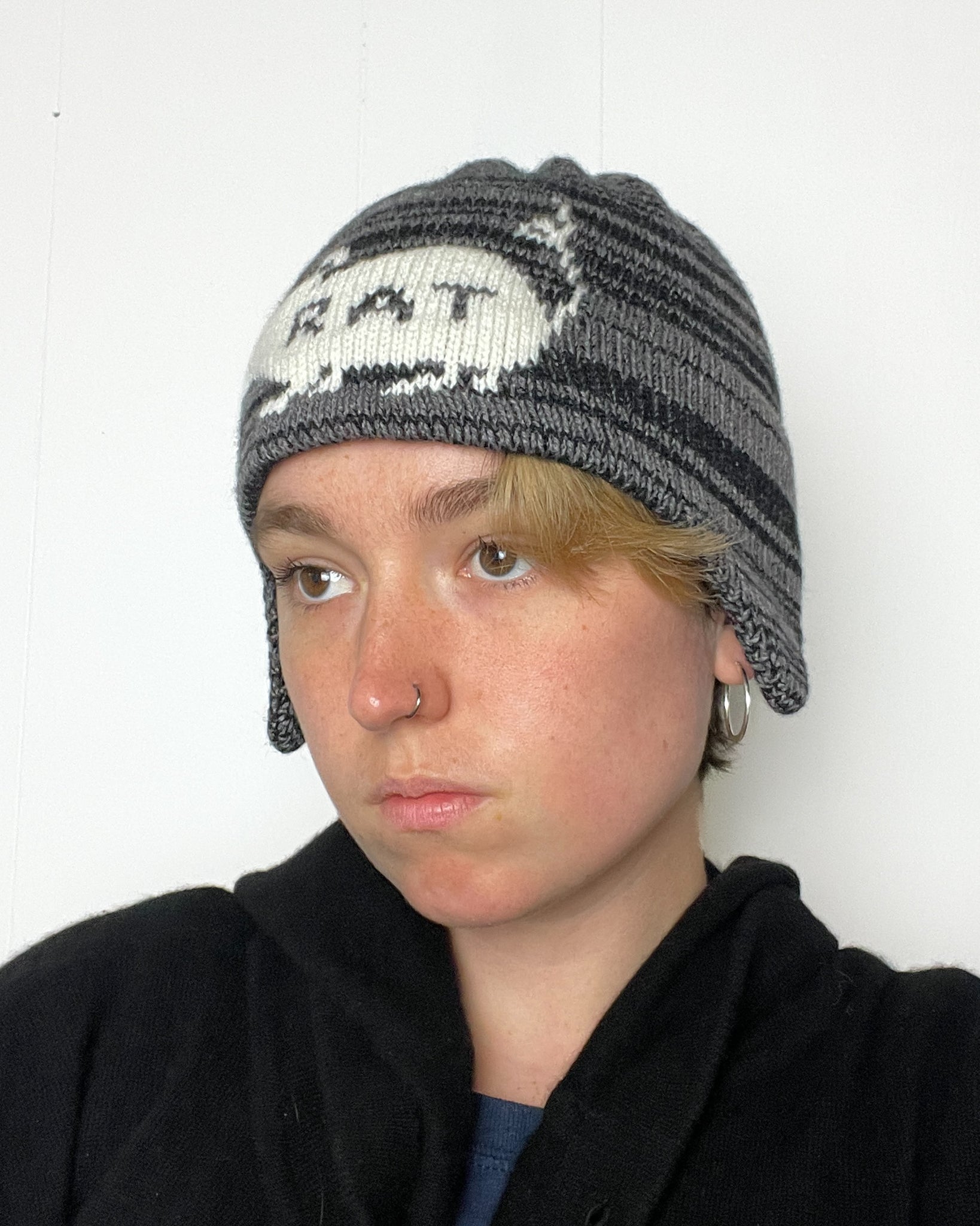 Rat Ear Flap Beanie - Black + Grey